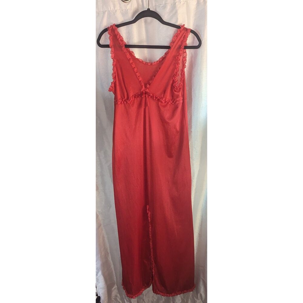1970's Exclusive Decoration Red Nylon Lace Front Split Sexy Long Nightgown Sz M